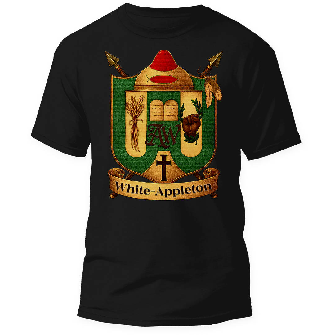 "Black t-shirt featuring the White-Appleton family crest with symbols including wheat, a book, raised fist, cross, and AW initials on a shield banner design."