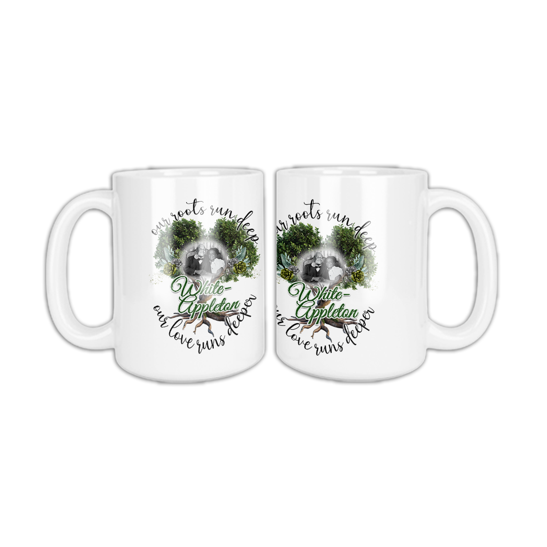 White ceramic coffee mug featuring White-Appleton lineage photo framed by tree and roots design with tribute message.