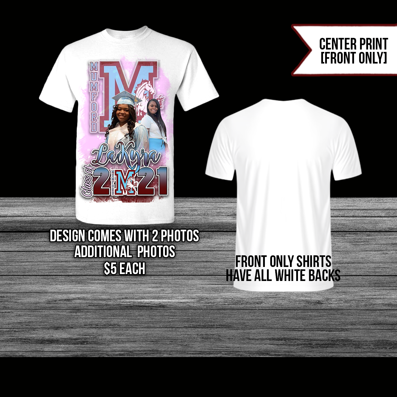 The matching Center Print T-shirt is made from soft and comfortable fabric that feels great against your skin. The stunning sublimation print on the T-shirt features a 3D Center print effect that gives the design a striking and realistic look. This unique feature is sure to make your graduation photos truly memorable. Front Print Only