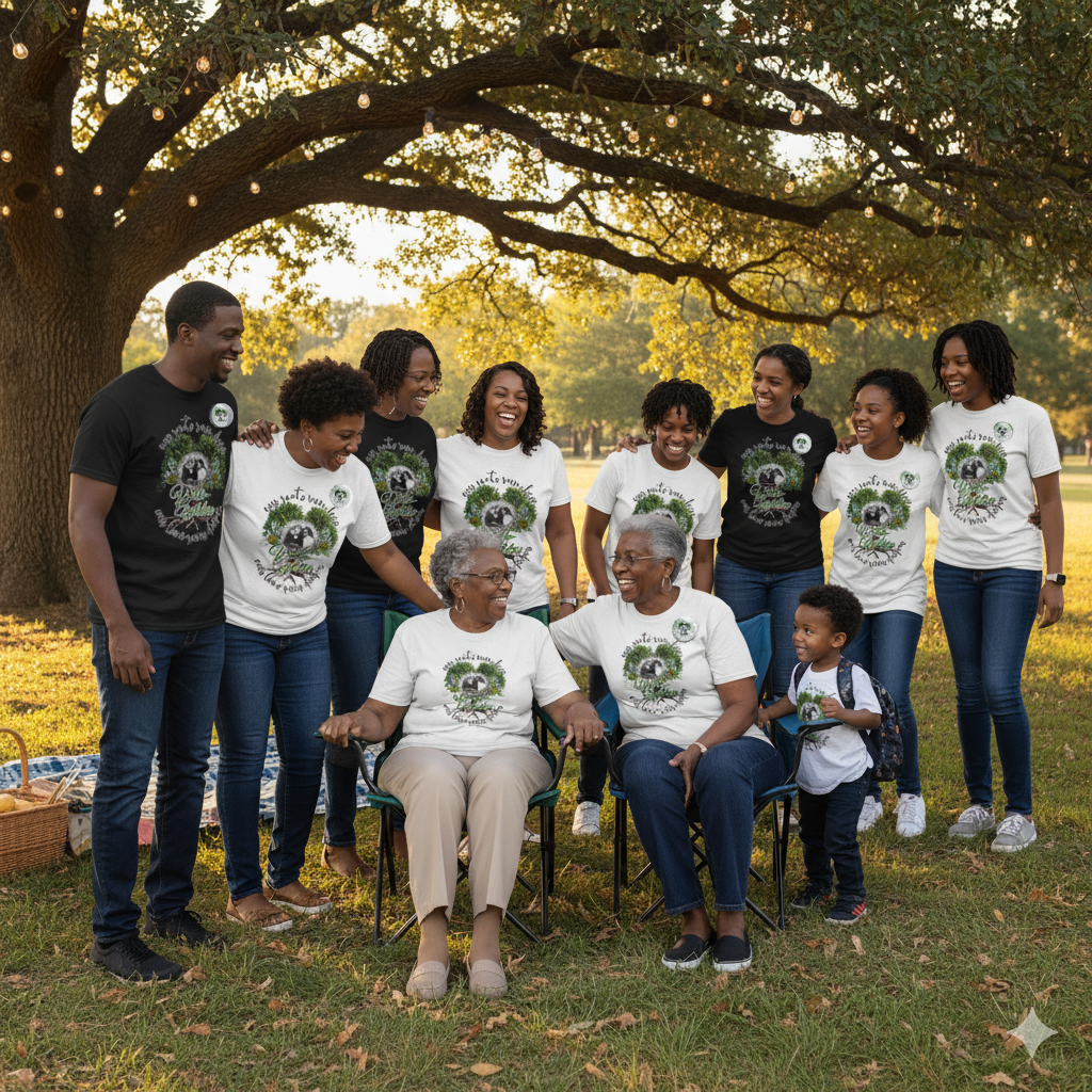 Family gathering under a tree with people wearing matching shirts and button pins in a park setting.