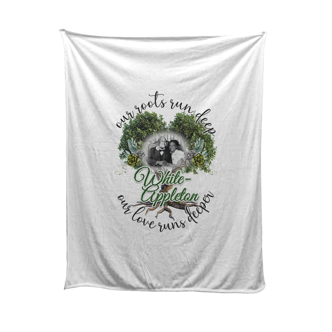 "Soft fleece blanket customized with the White-Appleton family lineage, featuring a family tree design, ancestor names, and personal photos in a warm, heirloom-style layout."
