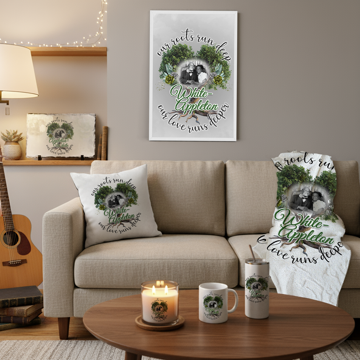 Living room with a couch, coffee table, and decorative items displaying White-Appleton photo, pillow, blanket, photo slate, candle, mug and tumbler