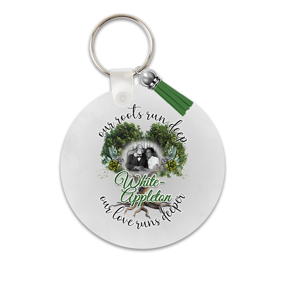 “Lineage-style White-Appleton keyring featuring photo of Marcellus and Theodosha with family quote and tree of life design”