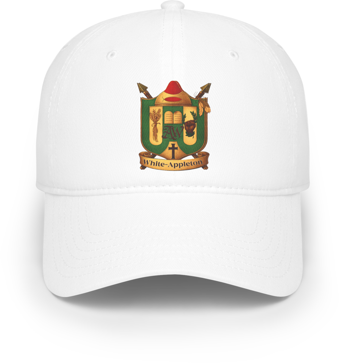 White cap with a colorful White-Appleton Crest
