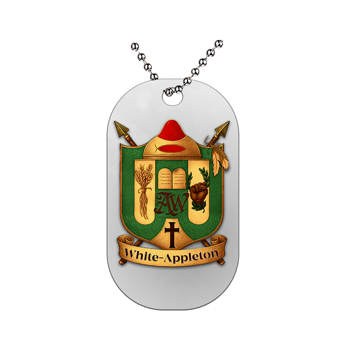 Dog tag necklace featuring the White-Appleton family crest, symbolizing heritage and strength.