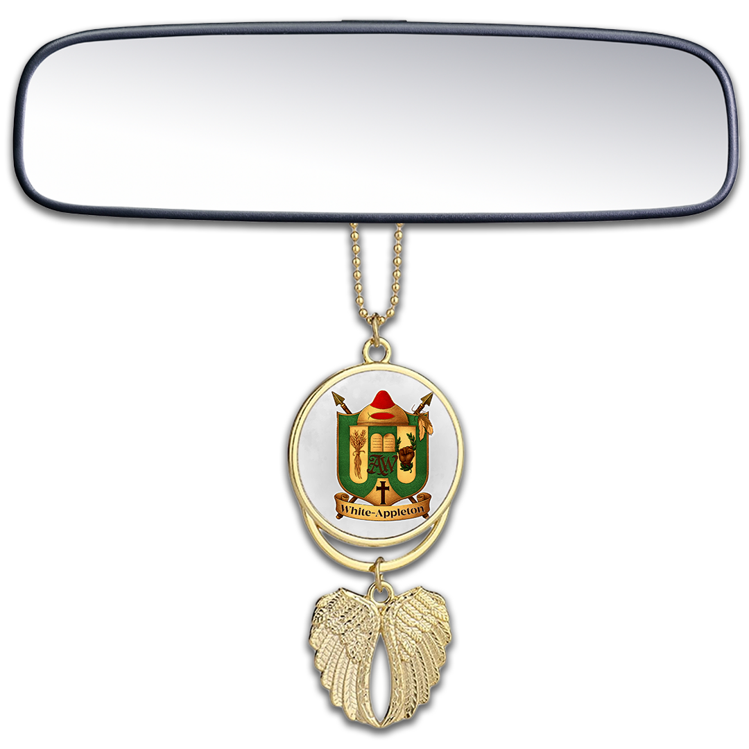 Gold winged car mirror pendant featuring the White-Appleton family crest, hanging from a rearview mirror.