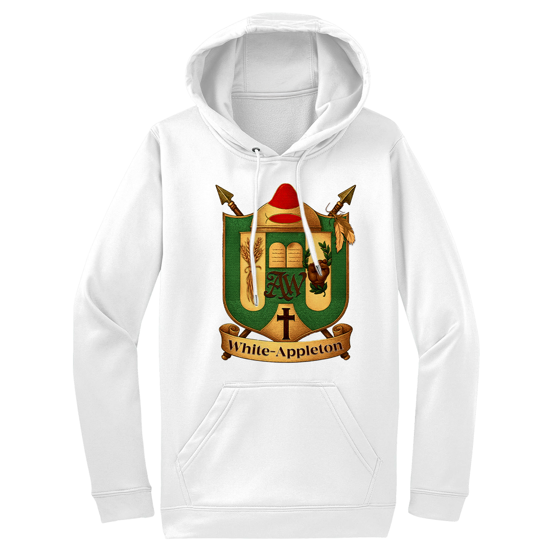 White hoodie featuring the White-Appleton family crest printed in bold detail on the front.