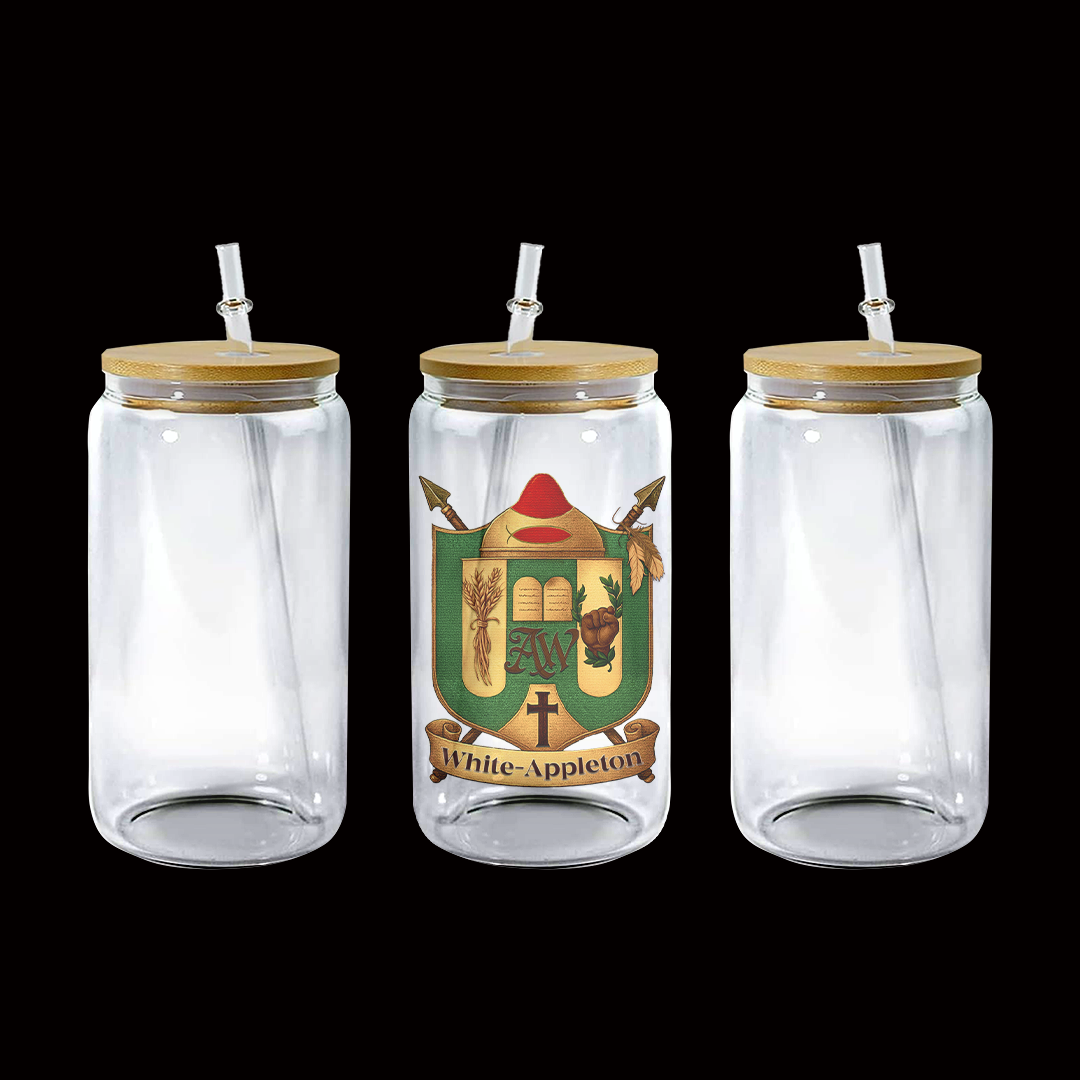“Frosted 16 oz Libbey glass jar with bamboo lid, reusable straw, and White-Appleton family crest design — soft matte finish for an elegant touch.”