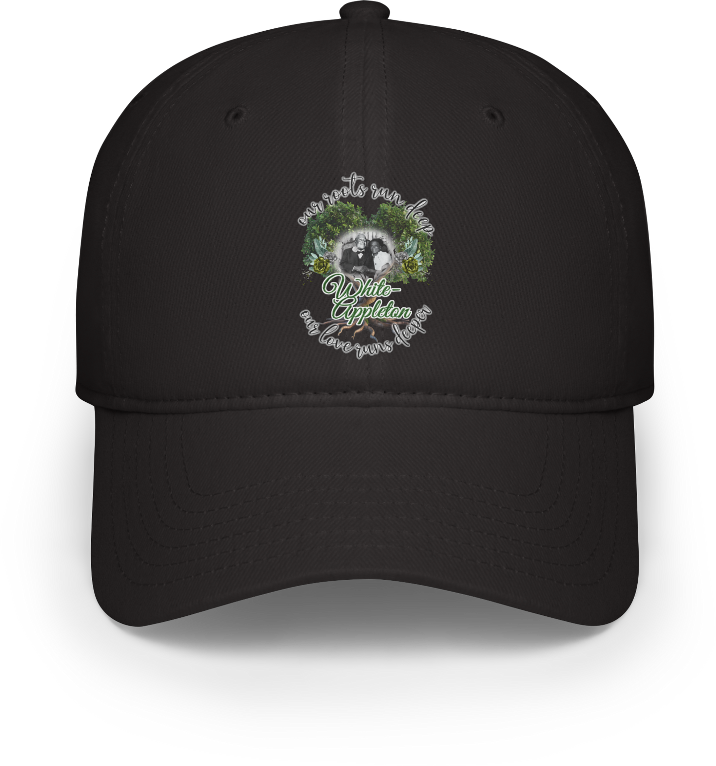 Black baseball cap with White-Appleton lineage photo of Marcellus and Theodosha framed by tree and roots design.