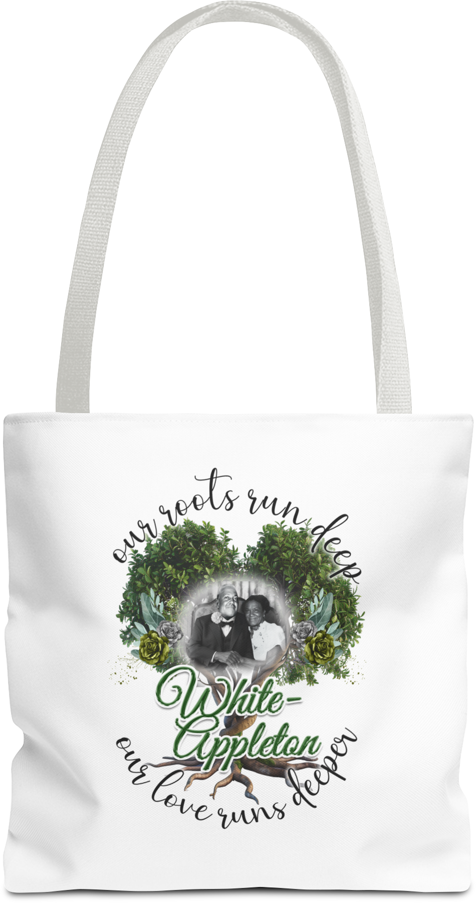 White canvas tote bag featuring White-Appleton lineage photo of Marcellus and Theodosha with tree and family quote design.