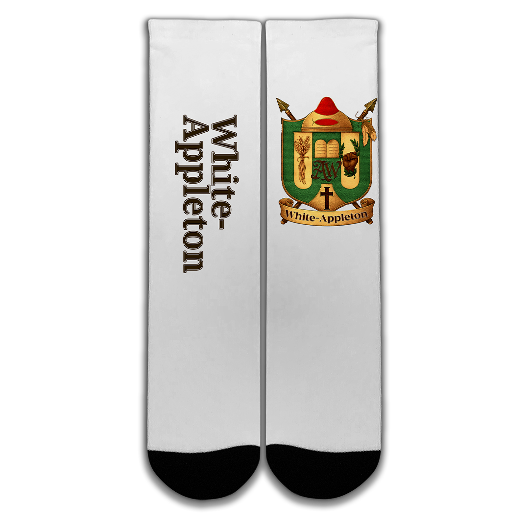 White socks with black toe and White-Appleton family crest print.
