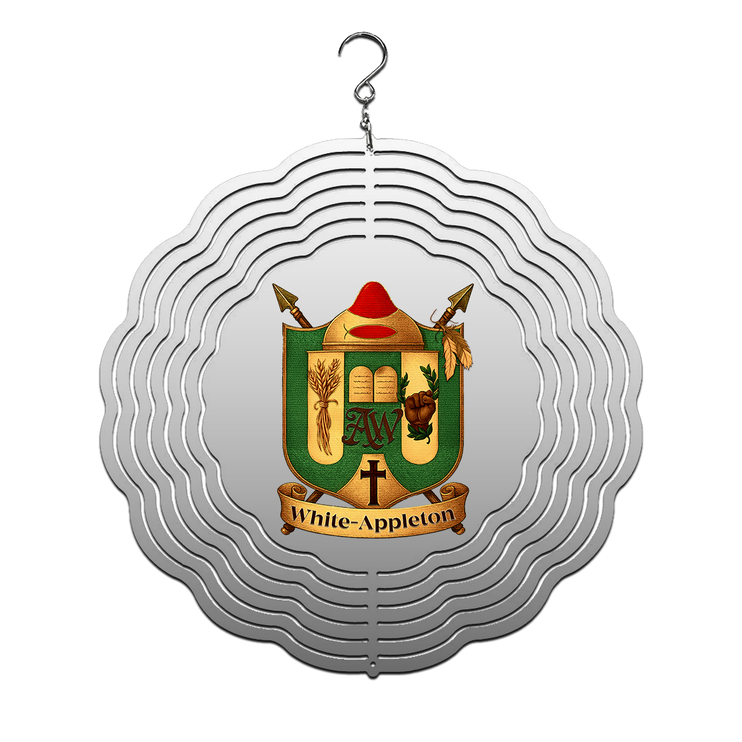 8-inch spinning ornament featuring the White-Appleton family crest, designed for outdoor or memorial display.