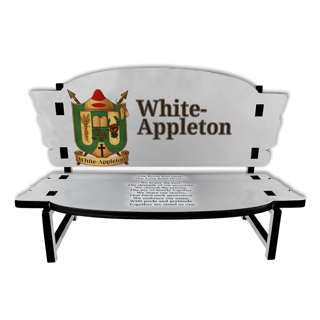 Decorative memorial bench with the White-Appleton family crest and engraved poem honoring family legacy.