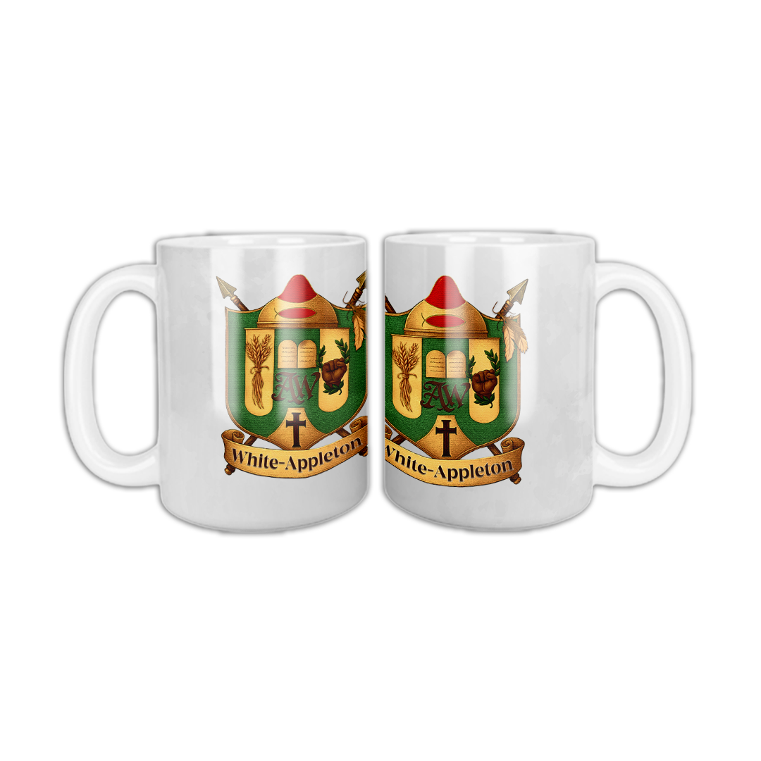 White ceramic coffee mug with White-Appleton crest.
