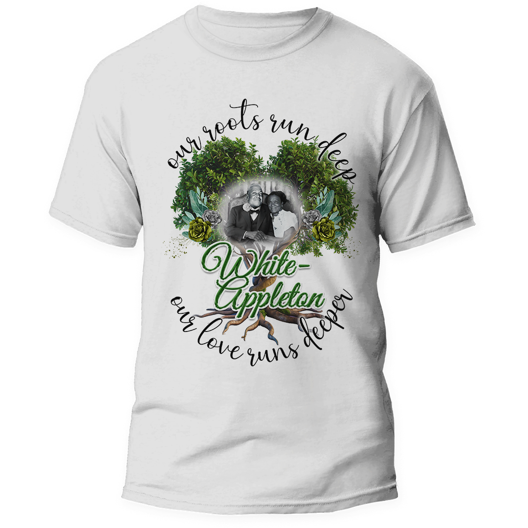White sublimation t-shirt with center print of White-Appleton family photo and tree of life design"