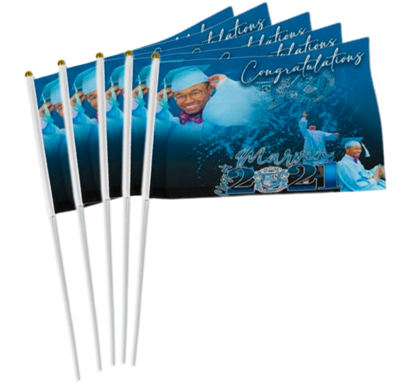 "Unleash your school spirit with our 8"x5" hand-held grad flag. Custom design, durable polyester material, vibrant colors. Perfect for ceremonies and parades. Lightweight and quick-drying for outdoor use. Sturdy plastic stick for comfortable waving. Commemorate your special day with a symbol of triumph."