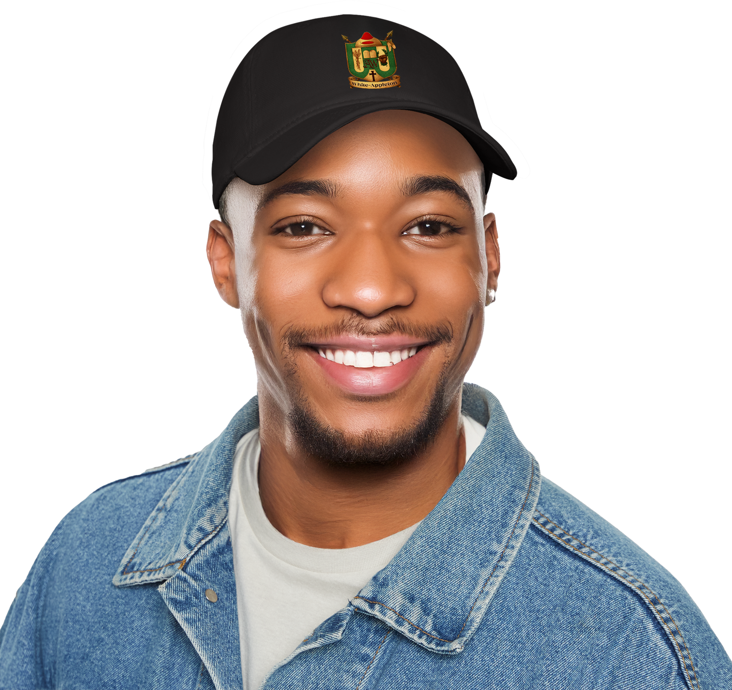 Male Model wearing a black 'White-Appleton Family Crest' baseball cap