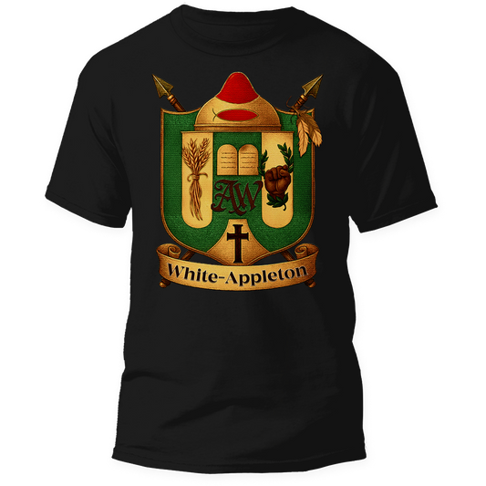 "Black t-shirt featuring the White-Appleton family crest with symbols including wheat, a book, raised fist, cross, and AW initials on a shield banner design."