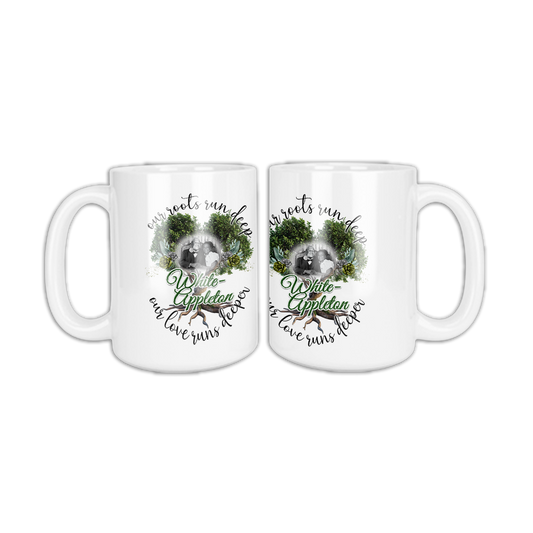 White ceramic coffee mug featuring White-Appleton lineage photo framed by tree and roots design with tribute message.