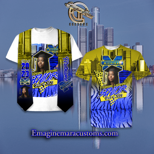 Celebrate your graduation in style with our Jungle City themed t-shirt and stole bundle! The vibrant skyline and tigerstriped sublimation print on both the t-shirt and stole will make you stand out on your special day. Customize with your name, graduation date, and school name for a unique touch. . This bundle is a unique way to commemorate your achievements and create lasting memories of your special day.