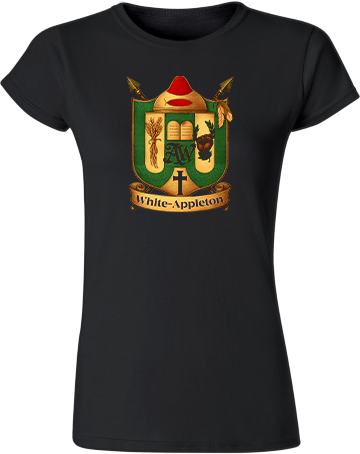 Ladies-fitted black t-shirt with the White-Appleton family crest printed boldly on the chest.