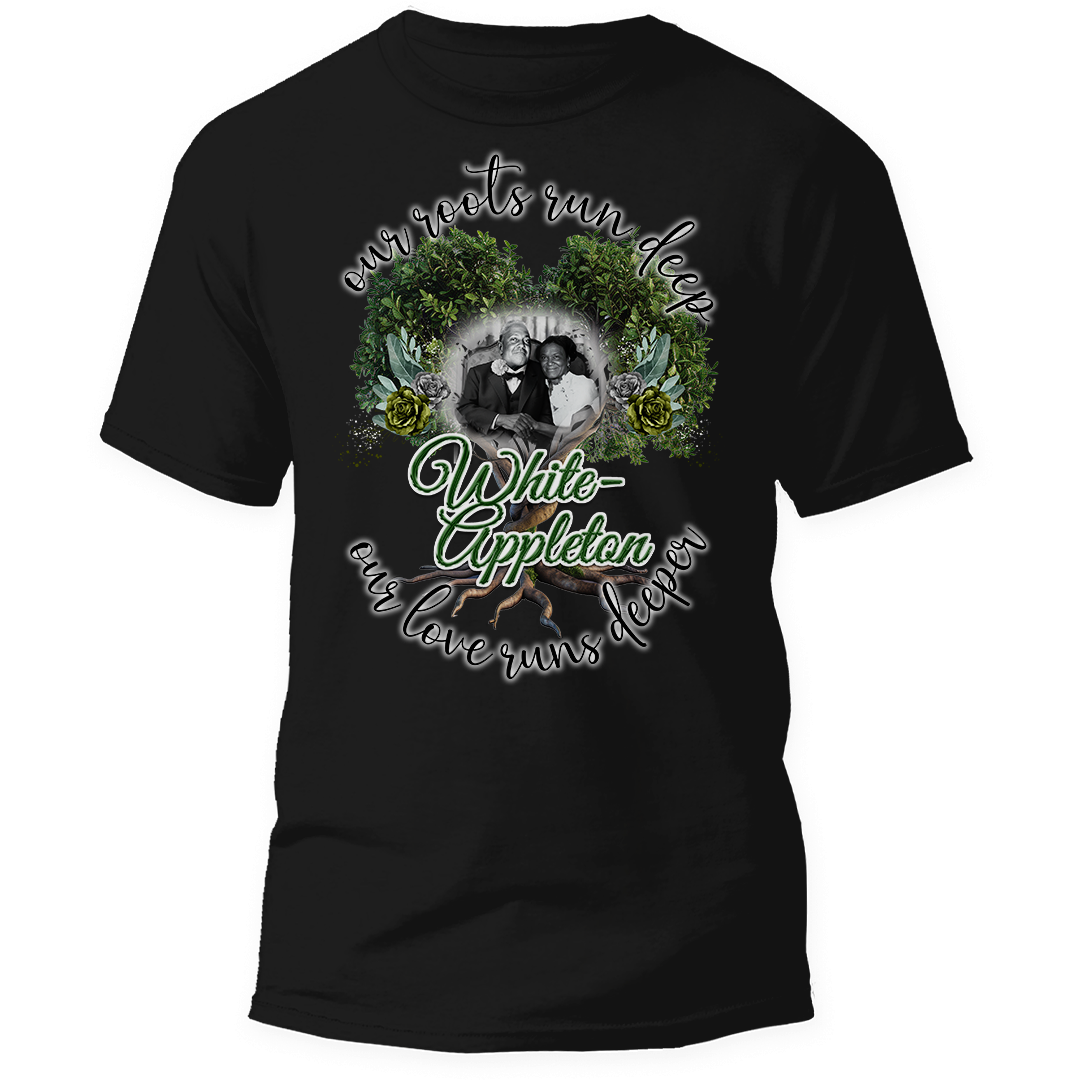 "Black t-shirt with Direct-to-Film center print of White-Appleton family portrait and roots-themed artwork"