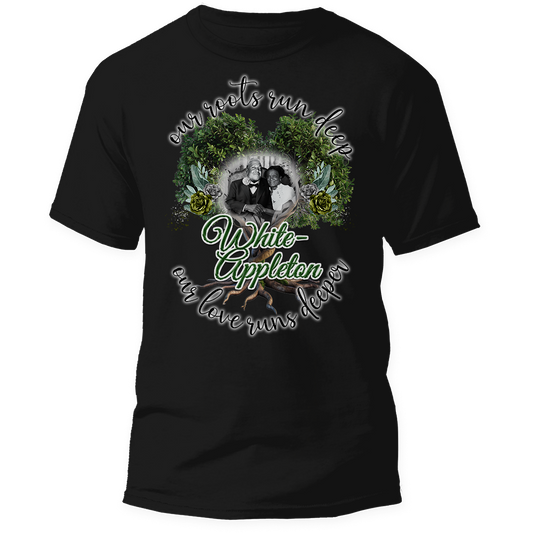 "Black t-shirt with Direct-to-Film center print of White-Appleton family portrait and roots-themed artwork"