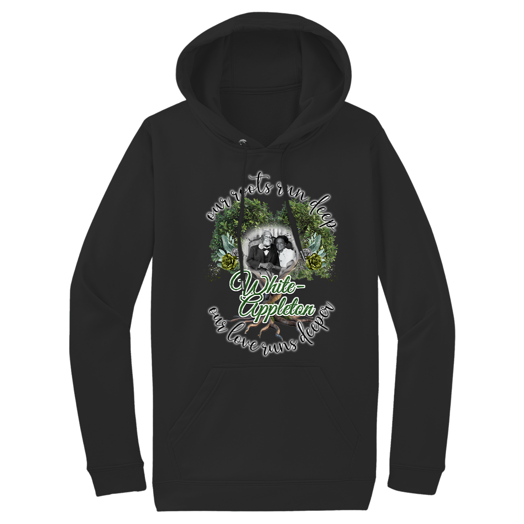 White or black hoodie with center-printed image of Marcellus White and Theodosha Appleton- White surrounded by tree design.