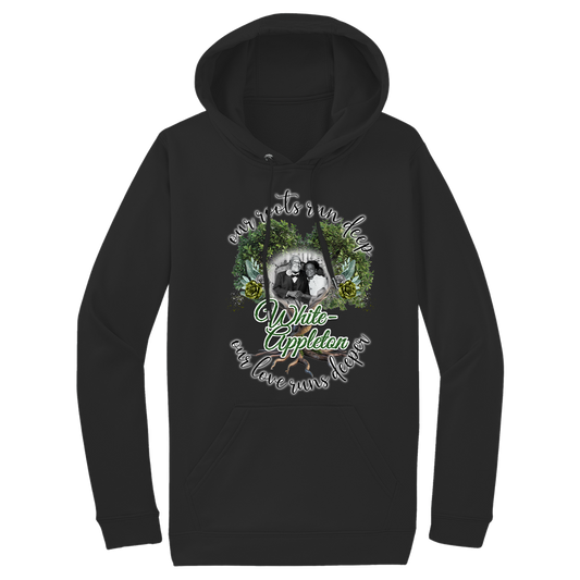 White or black hoodie with center-printed image of Marcellus White and Theodosha Appleton- White surrounded by tree design.