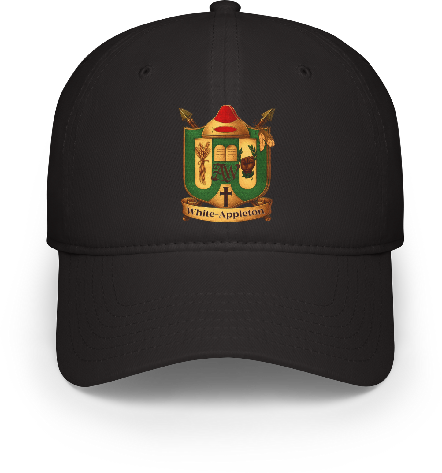 Black baseball cap with a colorful White-Appleton Family Crest 