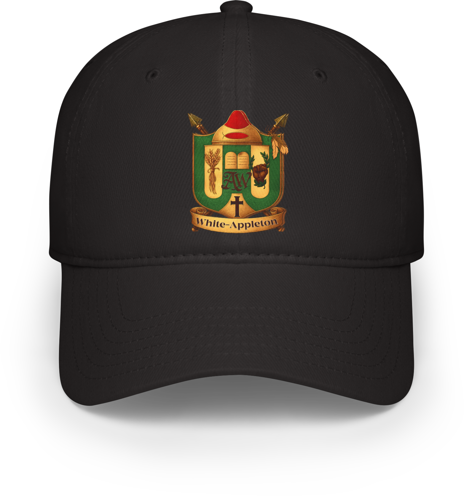 Black baseball cap with a colorful White-Appleton Family Crest 