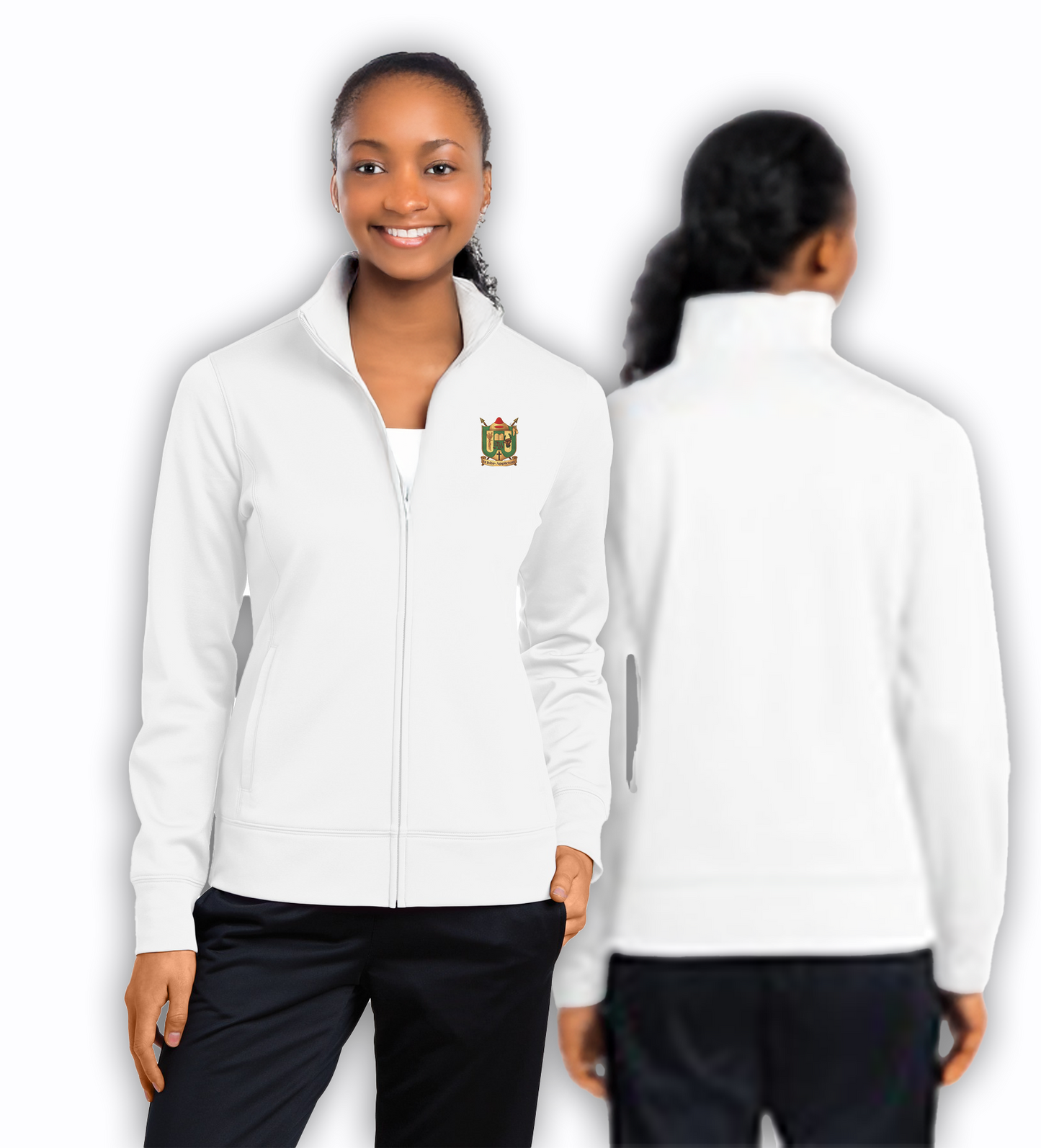 White jacket with the White-Appleton Crest logo worn by a person, shown from front and back on a white background