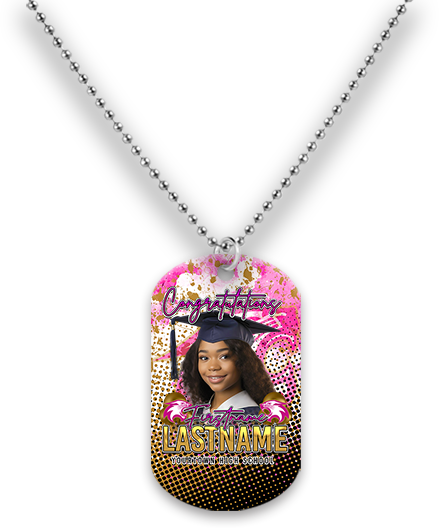 Elevate your graduate's special day with the Custom Sublimated Graduation Dog Tag Necklace. With personalized name, school colors, and graduation year, this one-of-a-kind jewelry is a unique memento of their hard work. The high-quality material and sublimated design ensure vibrant colors that won't fade. Add a personalized message for a sentimental touch. Perfect to wear on graduation day or as a cherished keepsake for years to come.