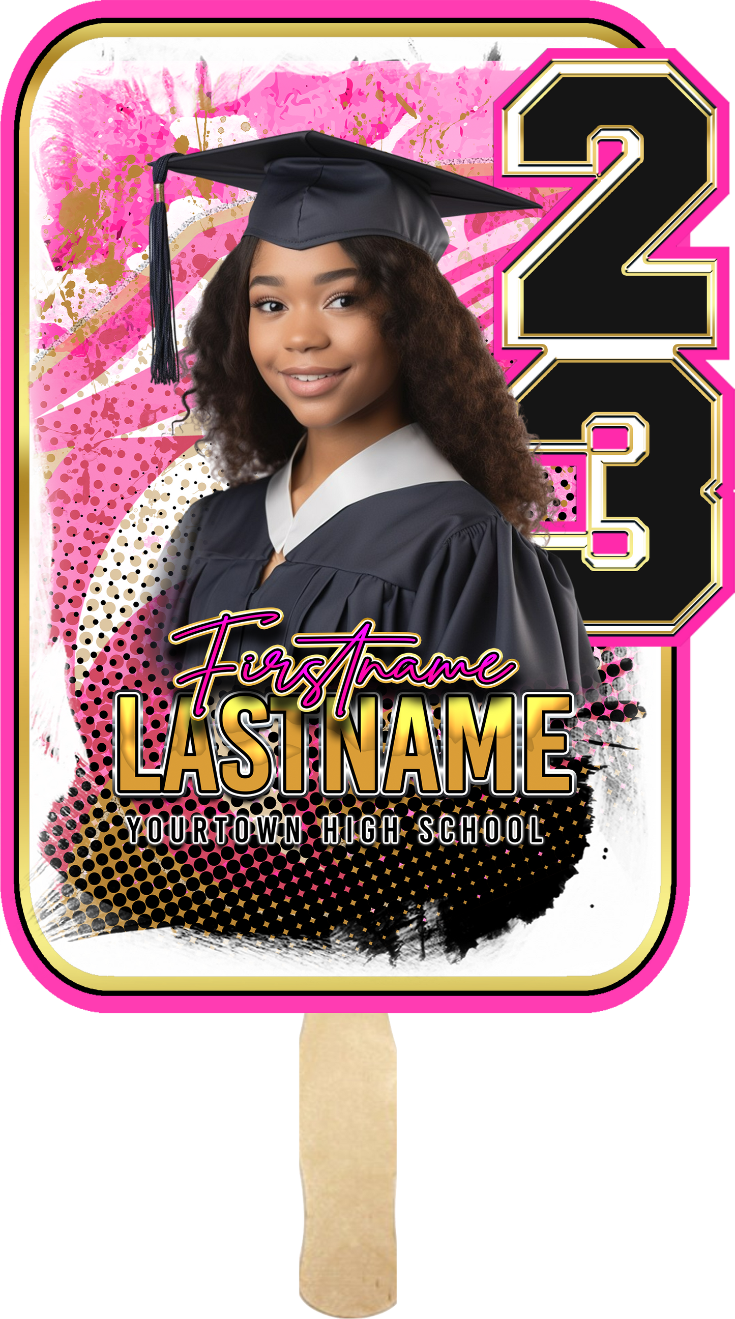 Looking to stay cool and stylish on your graduation day? Our personalized graduation fans are the perfect solution! Lightweight and easy to hold, they feature your name, photo and school details, making them a unique and meaningful keepsake. With durable construction and easy maintenance, they're the perfect way to beat the heat and commemorate your academic achievements.