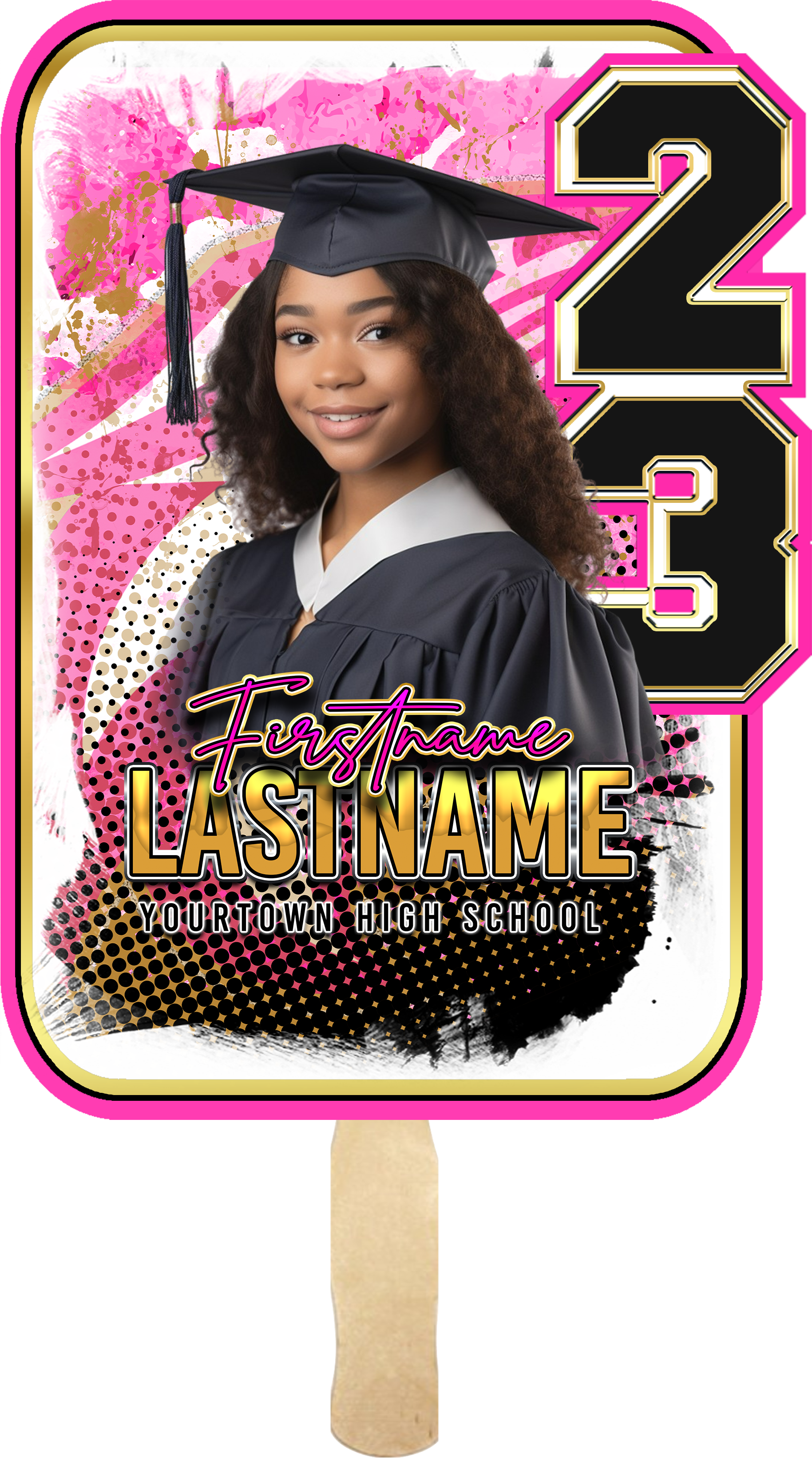 Looking to stay cool and stylish on your graduation day? Our personalized graduation fans are the perfect solution! Lightweight and easy to hold, they feature your name, photo and school details, making them a unique and meaningful keepsake. With durable construction and easy maintenance, they're the perfect way to beat the heat and commemorate your academic achievements.