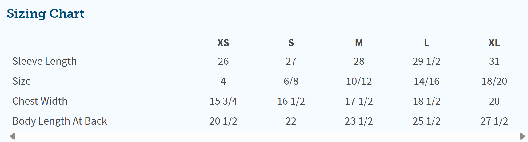 Sizing chart for clothing with sleeve length, size, chest width, and body length at back measurements.
