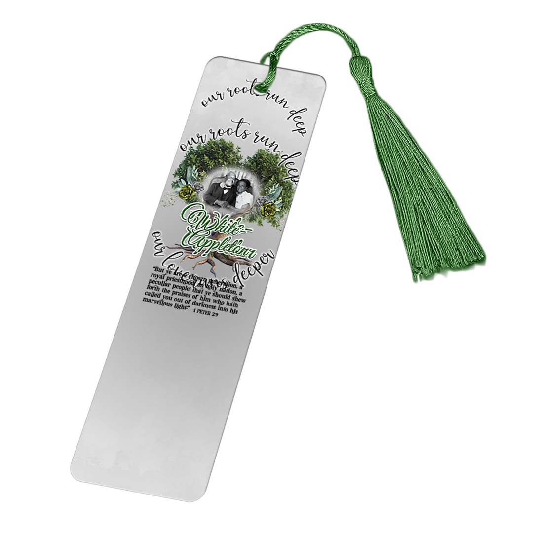 Bookmark with photo of Marcellus White and Theodosha Appleton-White in tree-themed design.