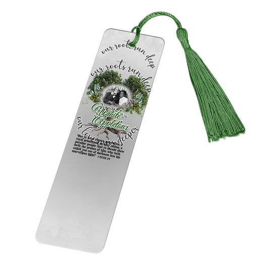Bookmark with photo of Marcellus White and Theodosha Appleton-White in tree-themed design.