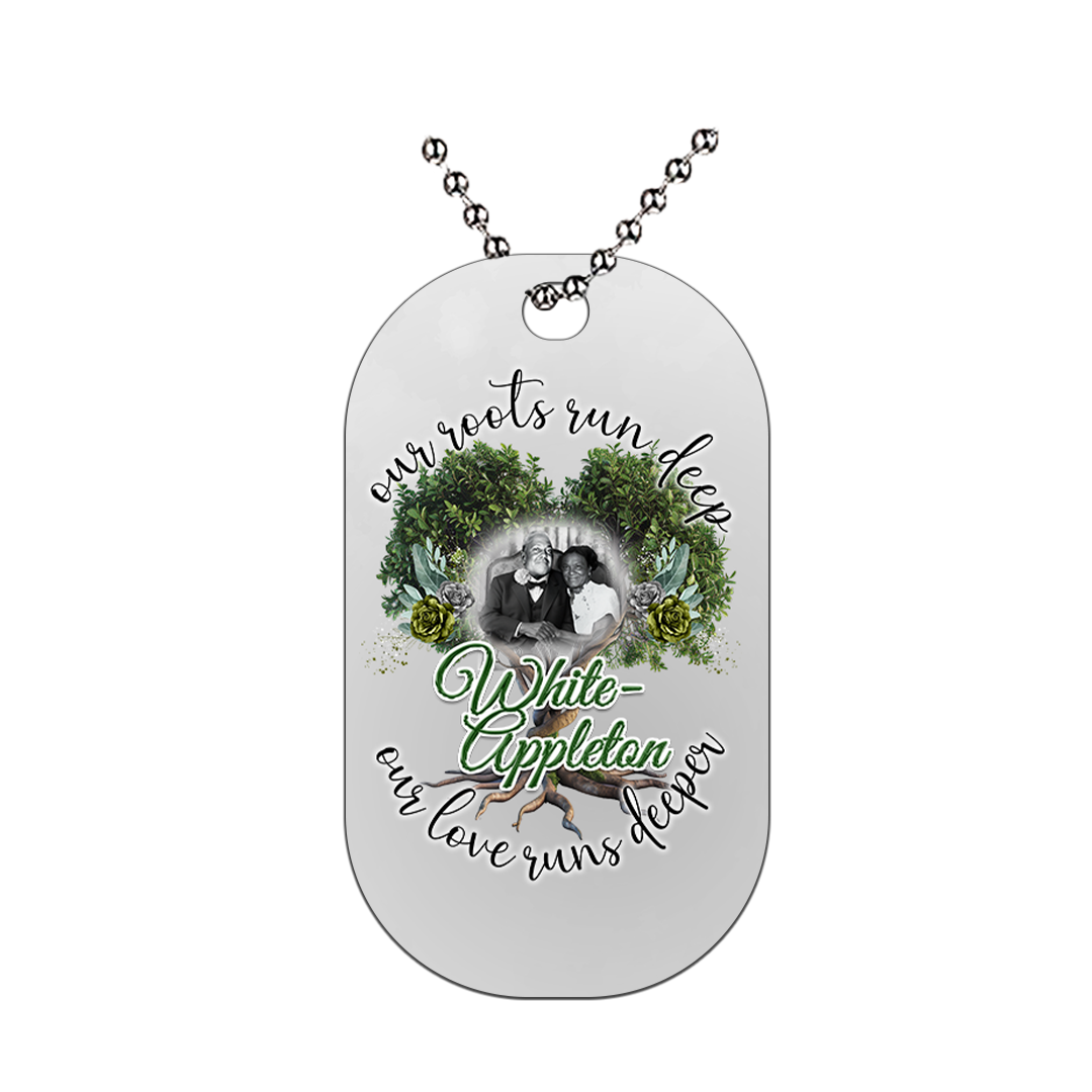 Dog tag necklace with image of Marcellus White and Theodosha Appleton-White in lineage design.