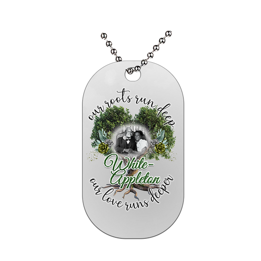 Dog tag necklace with image of Marcellus White and Theodosha Appleton-White in lineage design.