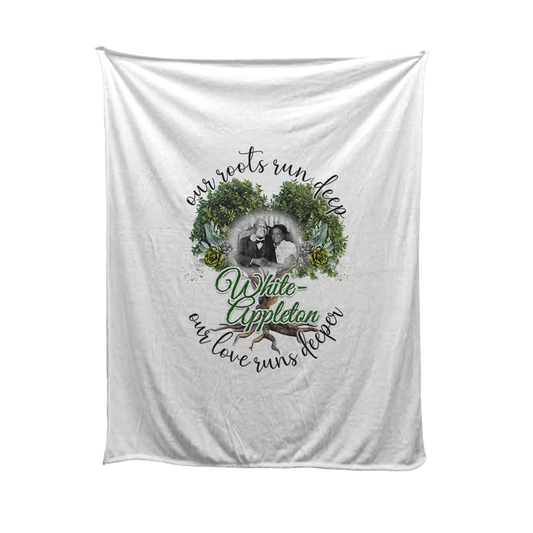 "Soft fleece blanket customized with the White-Appleton family lineage, featuring a family tree design, ancestor names, and personal photos in a warm, heirloom-style layout."
