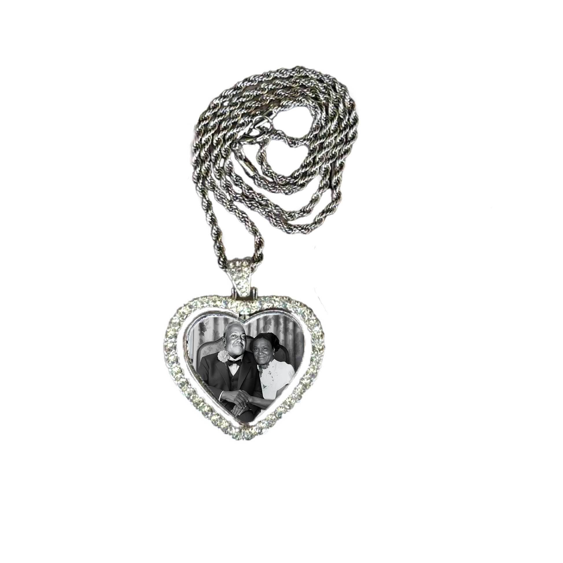 Silver heart pendant necklace with photo of Marcellus and Theodosha  Appleton-White.
