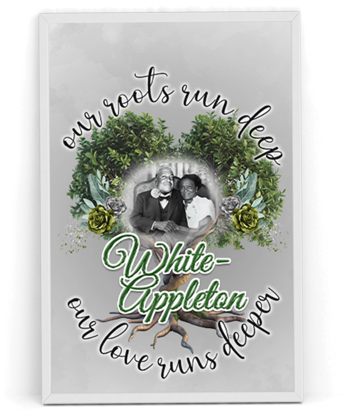 "White-Appleton 24x36 family legacy poster with photo, tree of life design, and the message 'Our roots run deep, our love runs deeper.'"