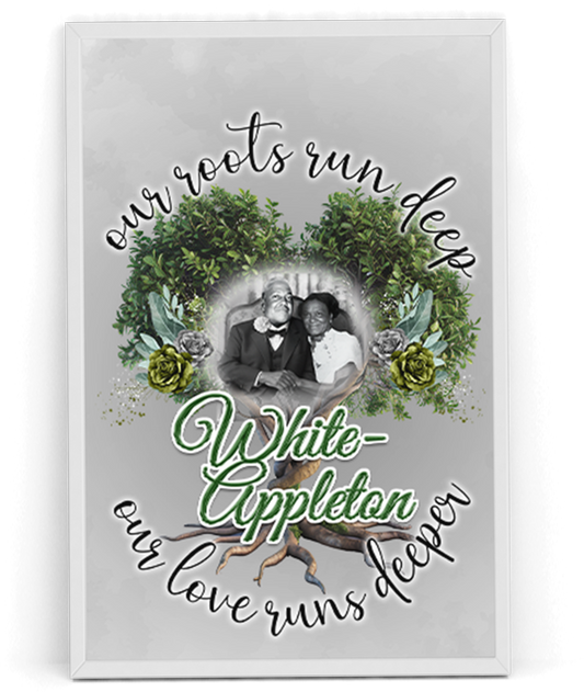 "White-Appleton 24x36 family legacy poster with photo, tree of life design, and the message 'Our roots run deep, our love runs deeper.'"