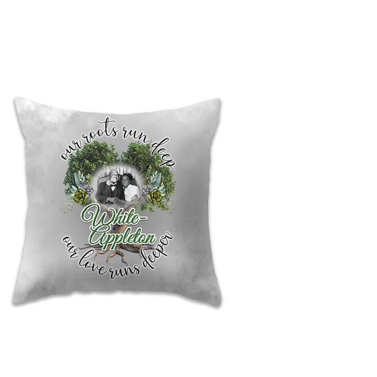  Light Gray pillow with a printed Lineage design of a Marcellus White and Theodosha Appleton-White and text that reads, "our roots run deep, our love runs deeper 
