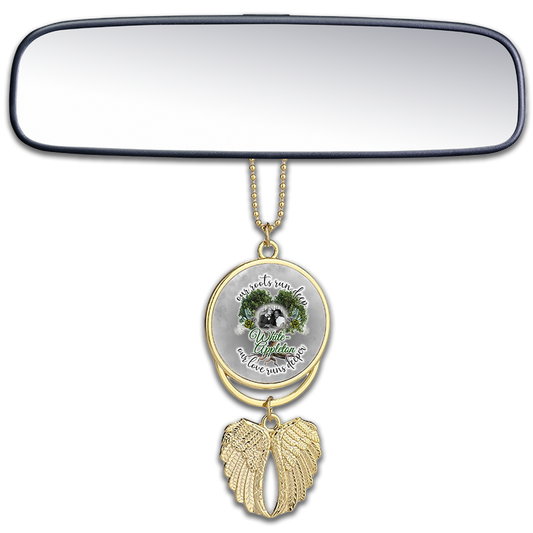 Gold car mirror pendant with wings and White-Appleton couple photo centerpiece.
