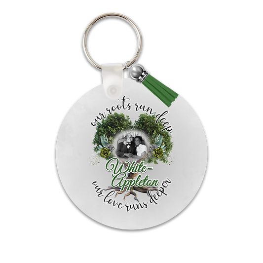 “Lineage-style White-Appleton keyring featuring photo of Marcellus and Theodosha with family quote and tree of life design”