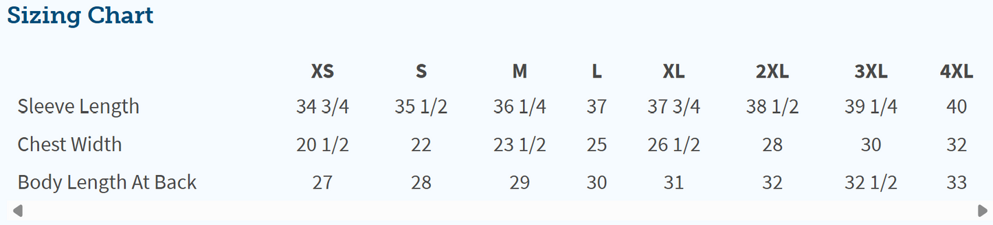 Sizing chart for clothing with sleeve length, chest width, and body length measurements.