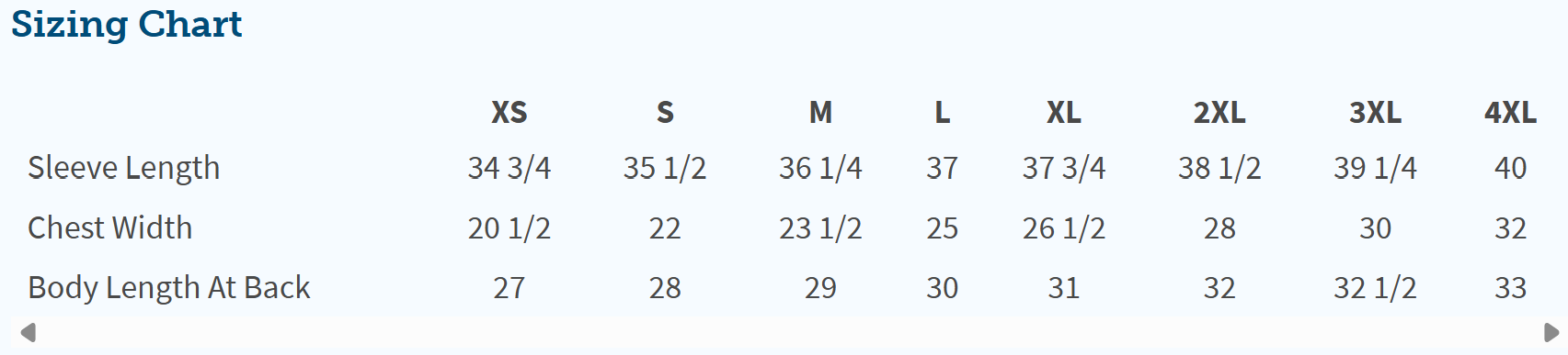 Sizing chart for clothing with sleeve length, chest width, and body length measurements.