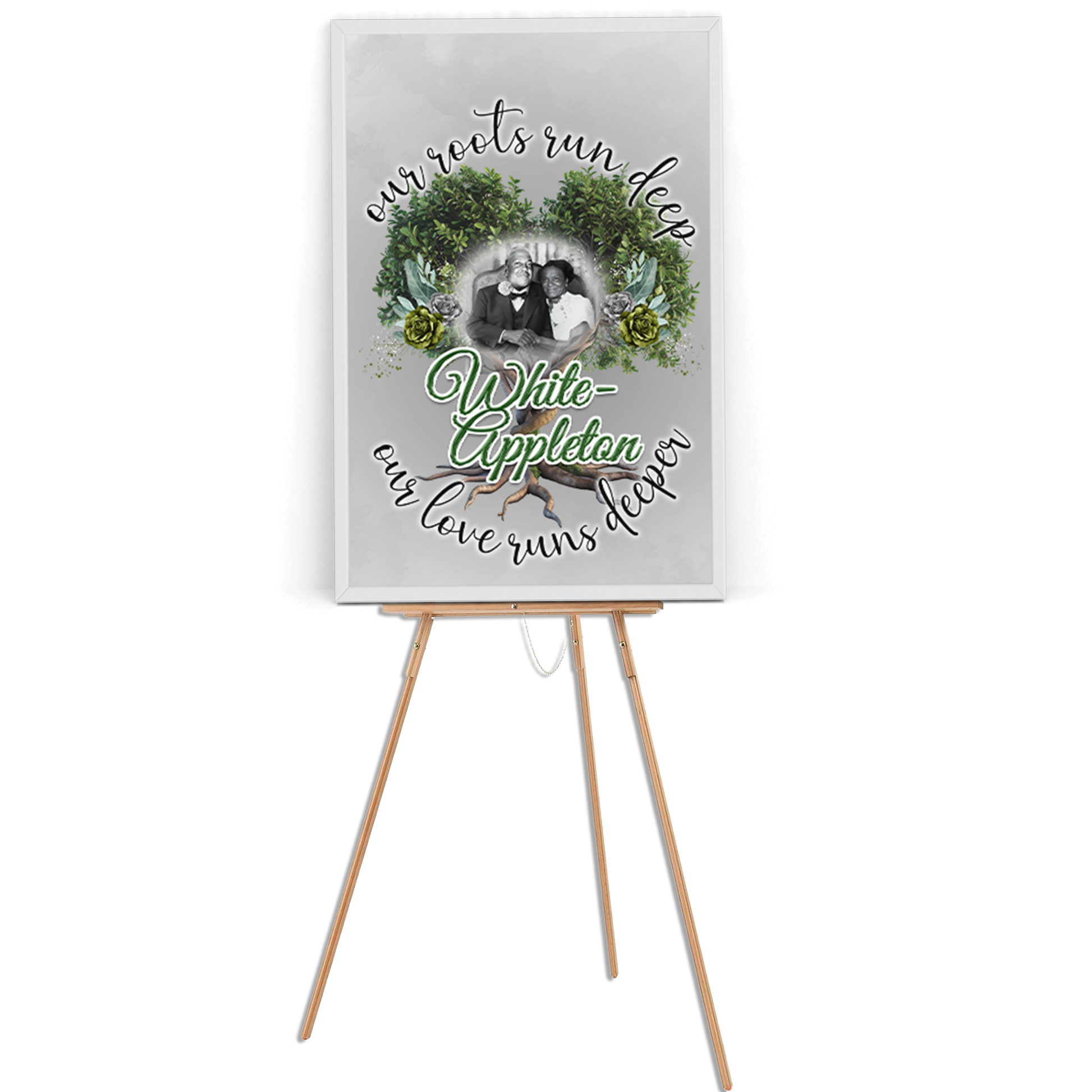 "White-Appleton 24x36 family legacy poster on easel with photo, tree of life design, and the message 'Our roots run deep, our love runs deeper.'"